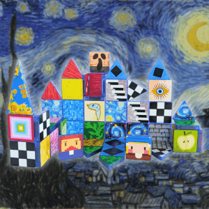 Masterpieces Set magnetic tiles built into a tower with famous artwork tiles on a Starry Night backdrop