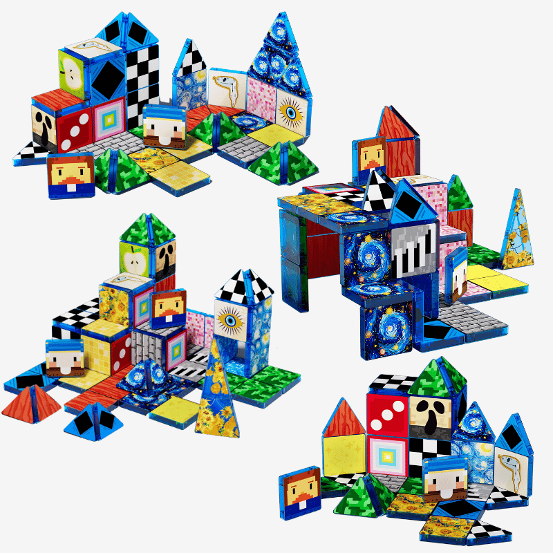 Four Masterpieces Set builds: towers, a table shape and flat artwork layouts