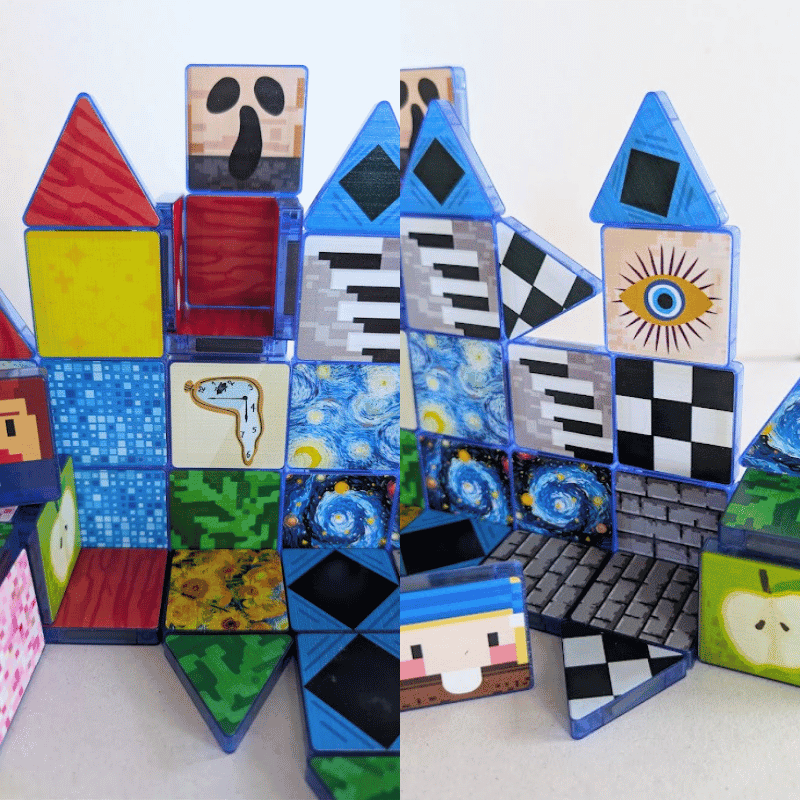 Two angles of a Masterpieces Set build showing artwork, piano-key and checkerboard tiles