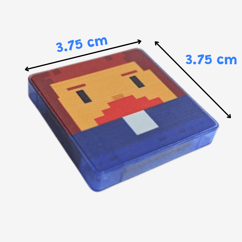 Single Masterpieces Set tile printed with a pixel-art face, measured 3.75 cm by 3.75 cm