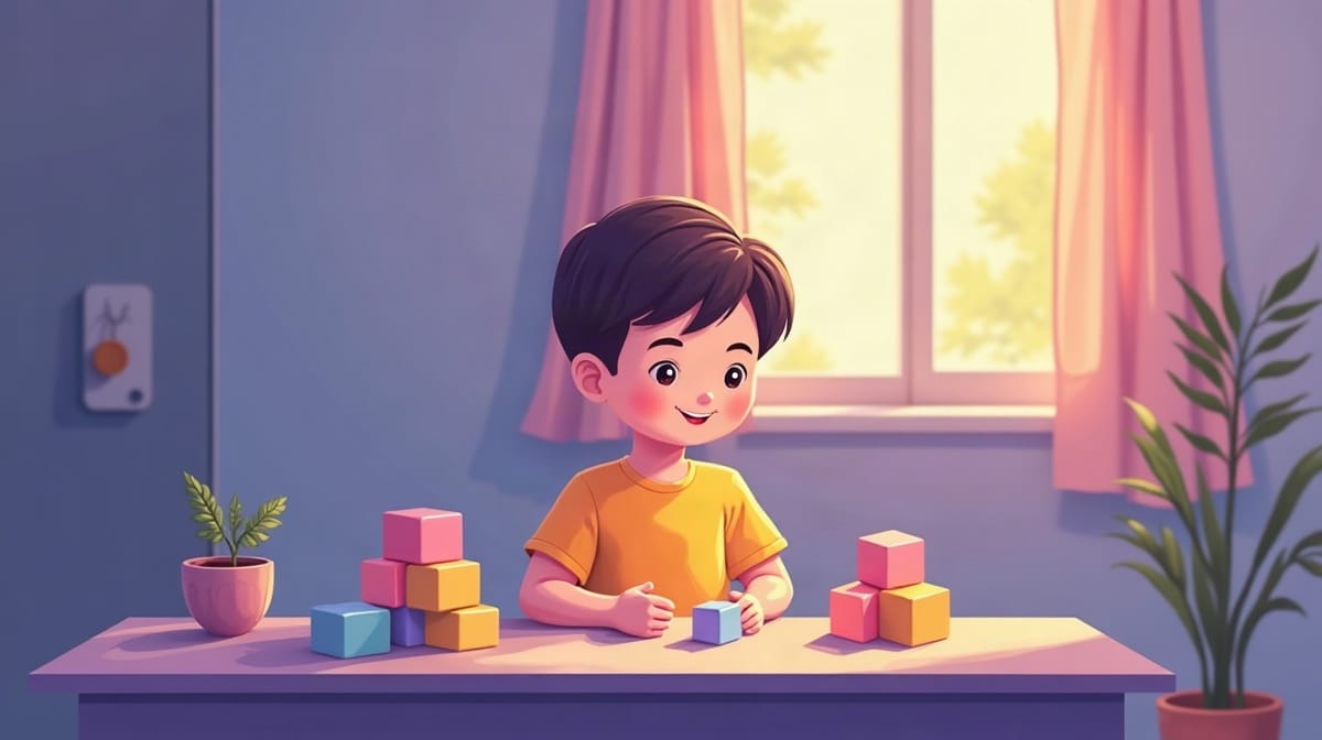 A child calmly stacking soft flexible blocks at a table
